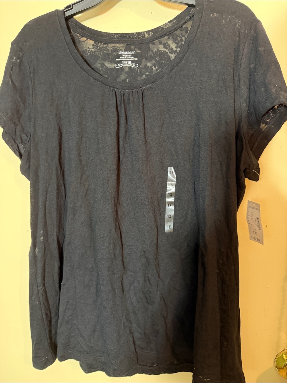 dressbarn Black Short Sleeve Scoop Neck Tee with Front Pleat